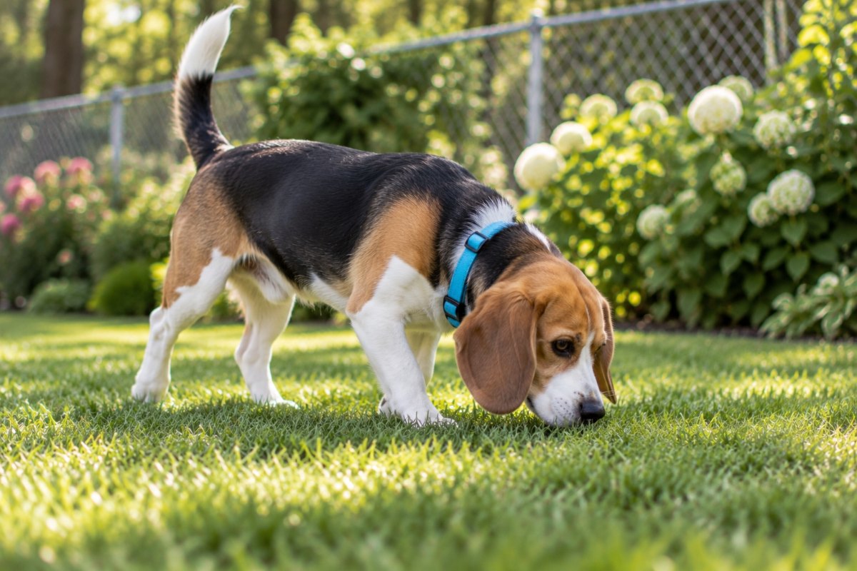 A beagle with its nose down in short, clean grass, following a scent across the backyard.