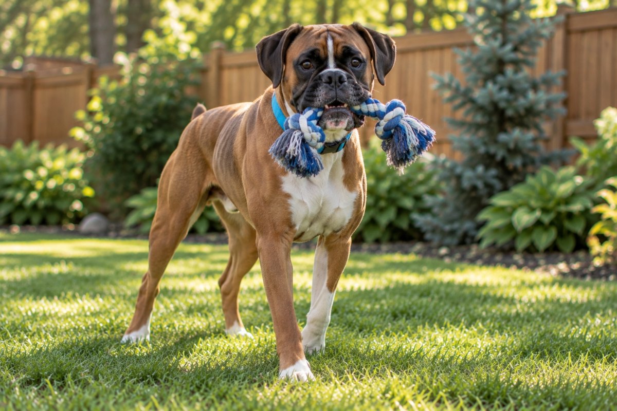 A fawn boxer standing on the lawn with a blue-and-white rope toy in its mouth.