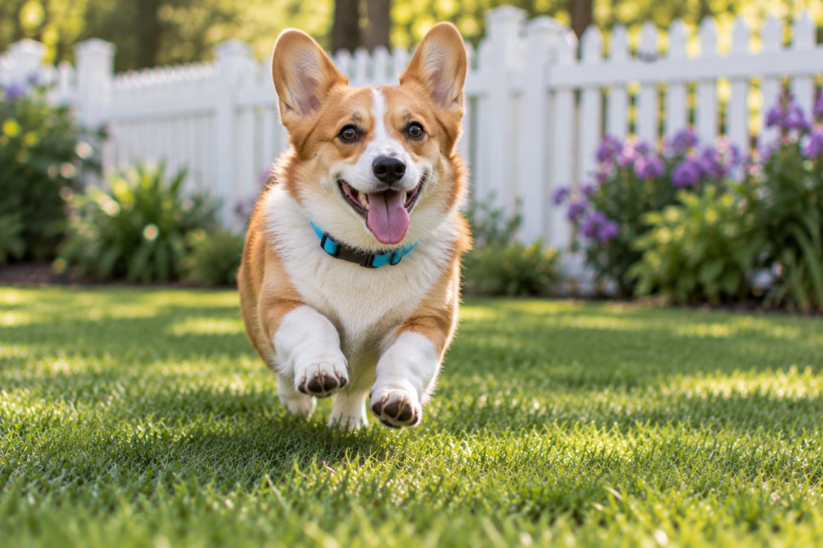 A corgi running across the lawn toward the camera, ears up and tongue out.