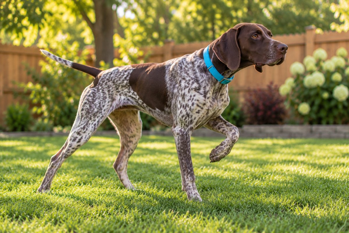 A German shorthaired pointer on a clean lawn frozen in a point, one front paw lifted and tail straight out.