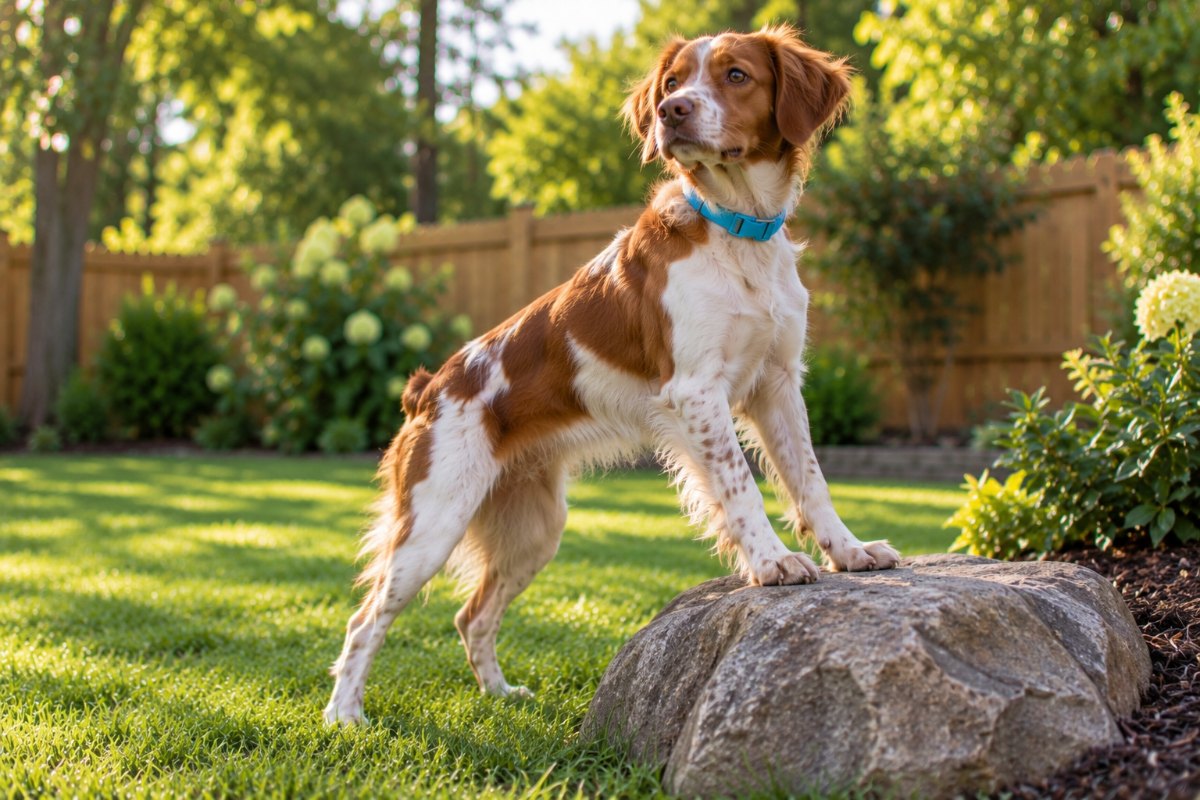 An orange-and-white Brittany standing on a clean lawn with its front paws up on a low garden boulder, looking to one side.