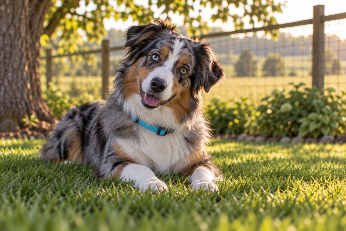A blue merle Australian shepherd lying in the shade on the grass with its head tilted.