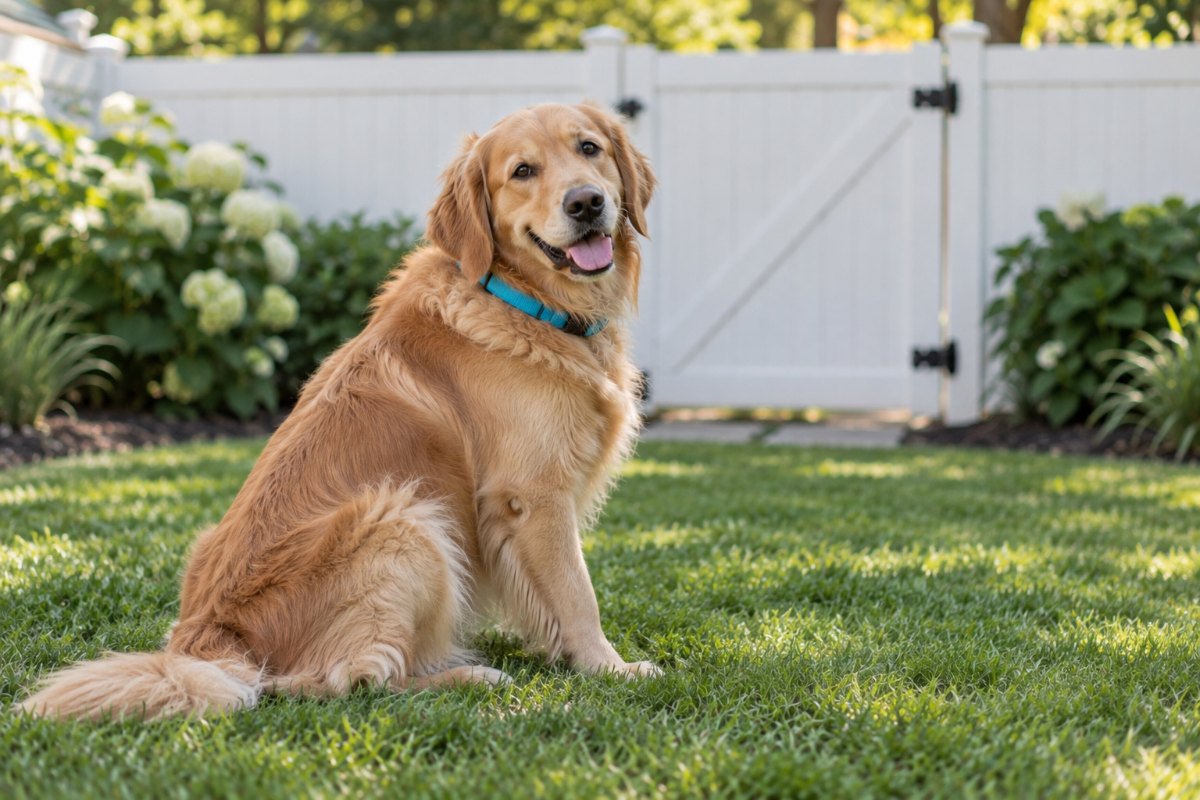 A golden retriever sitting on the grass in front of a white backyard gate, looking back with a smile.