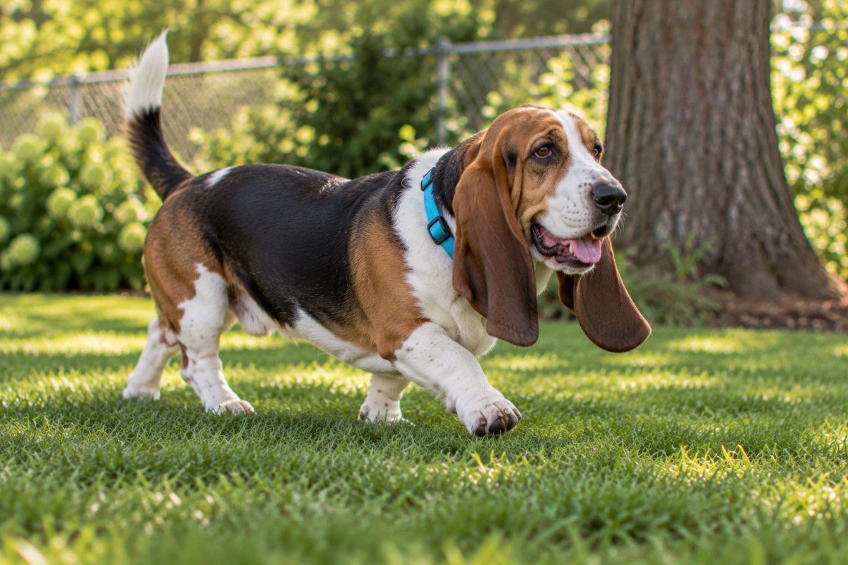 A basset hound ambling across a tidy lawn, long ears swinging.