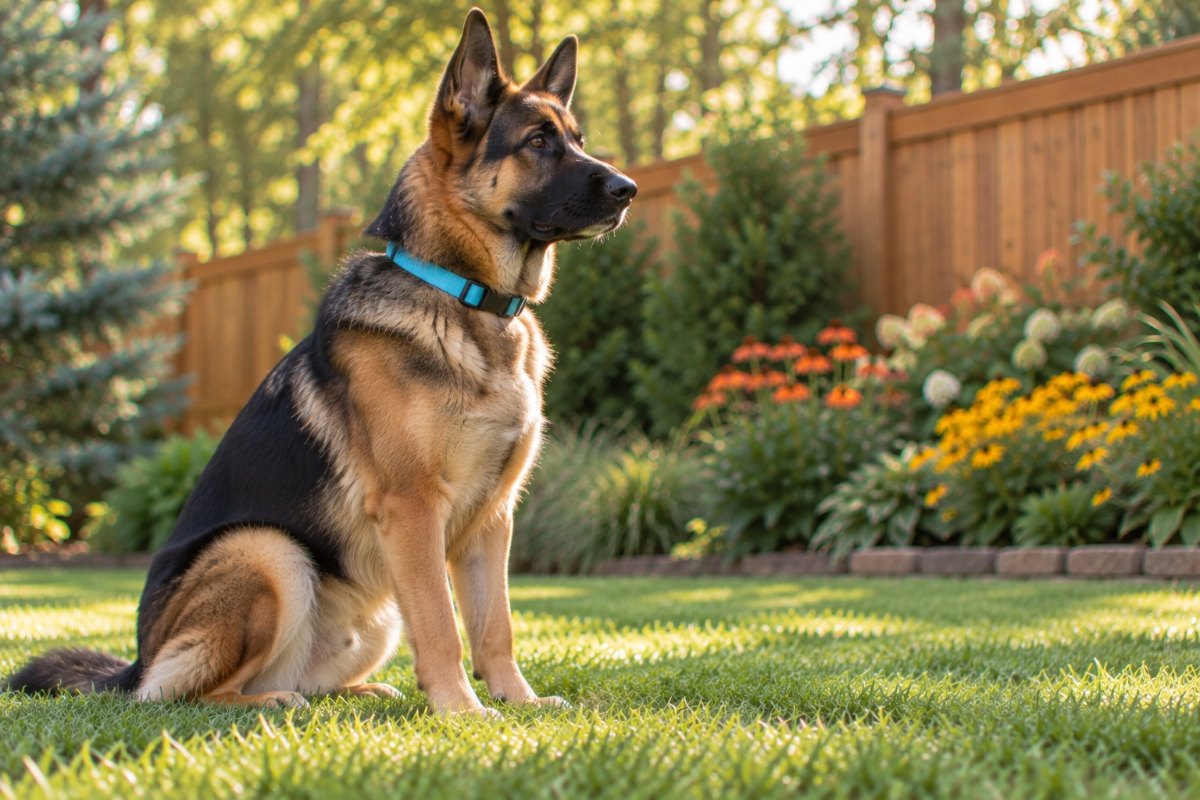 A German shepherd sitting tall on the lawn in profile, ears up, watching over the yard.