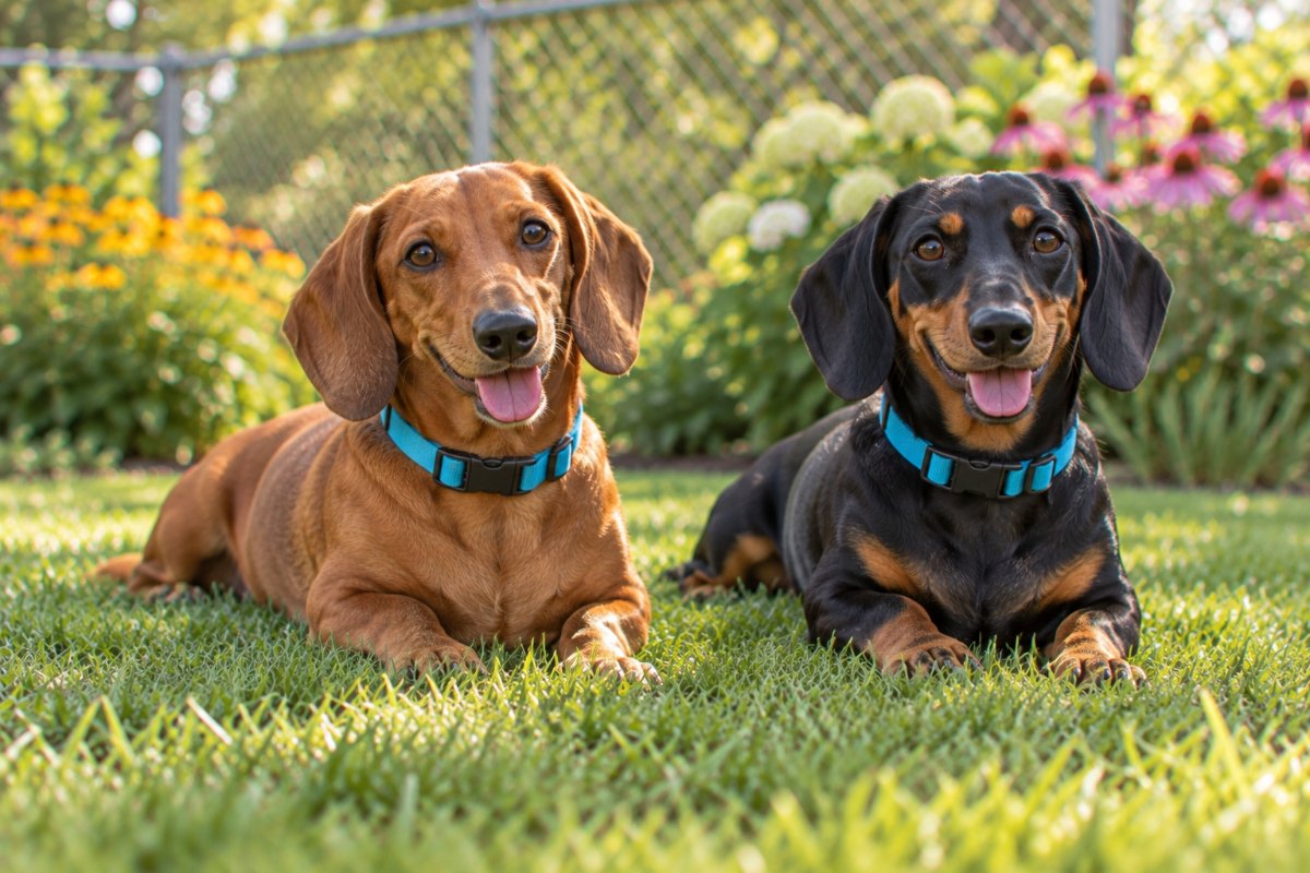 Two dachshunds, one red and one black-and-tan, lying side by side in the grass.