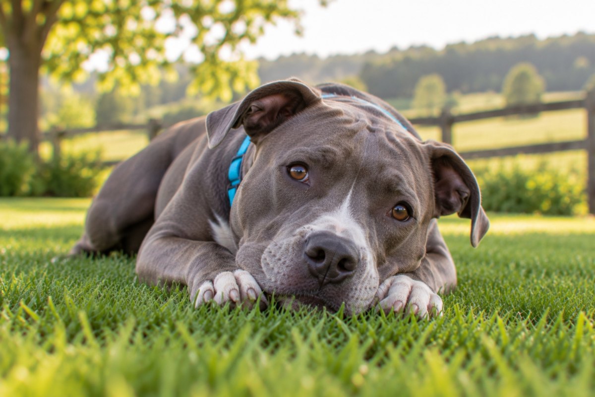 A blue-grey pit bull type dog resting its chin on its front paws in the grass, looking up.