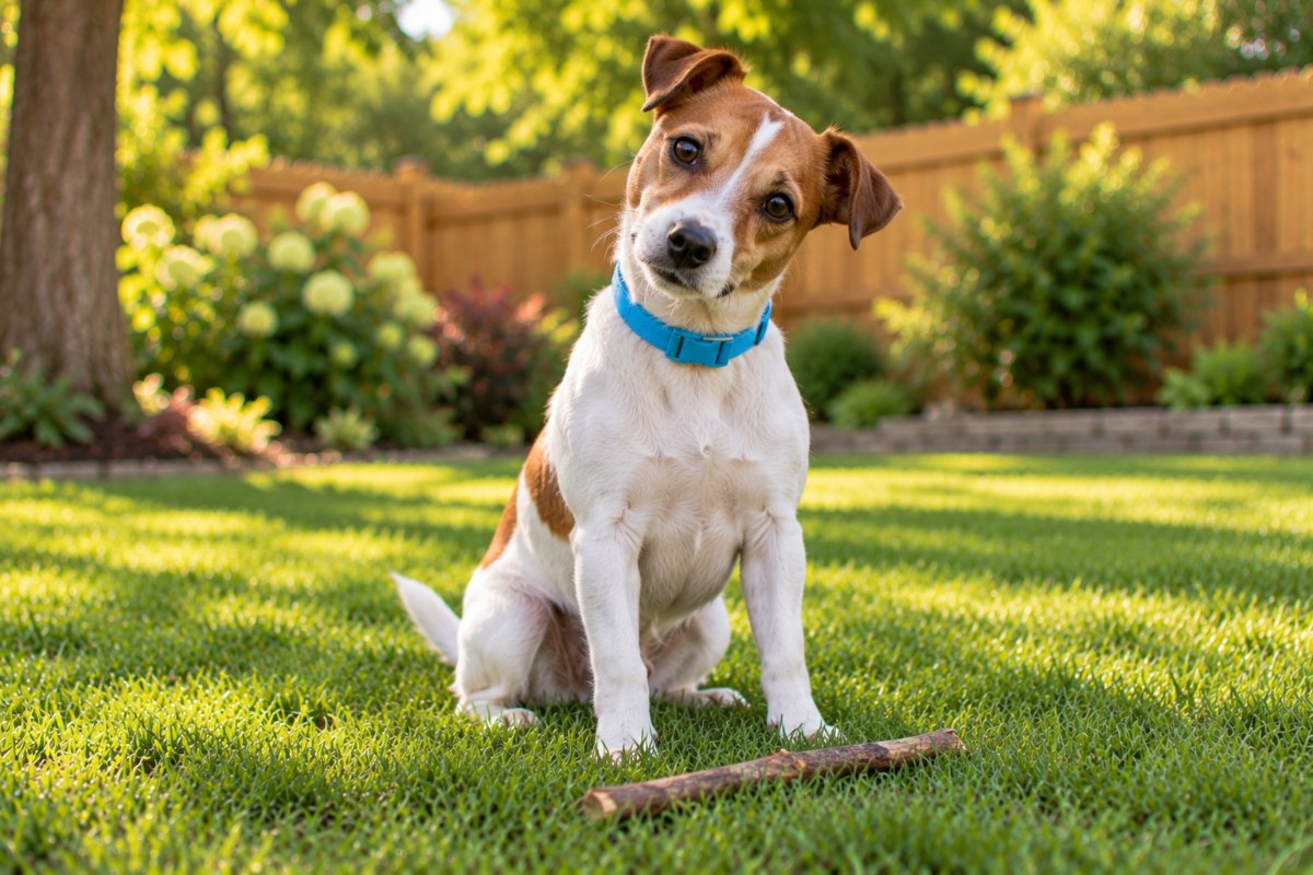 A white-and-tan Jack Russell terrier sitting upright on a clean lawn with its head cocked, a small stick on the grass in front of it.
