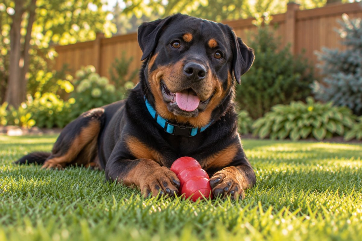A Rottweiler lying on the lawn with a red chew toy between its front paws.