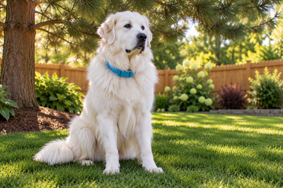 A white Great Pyrenees sitting on a mown lawn in the shade of a pine, calmly watching the yard.
