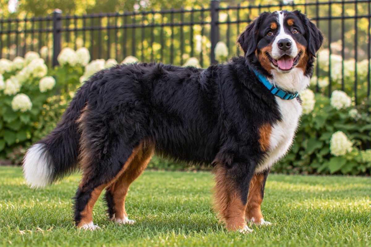 A Bernese mountain dog standing on the lawn beside white hydrangeas, smiling toward the camera.