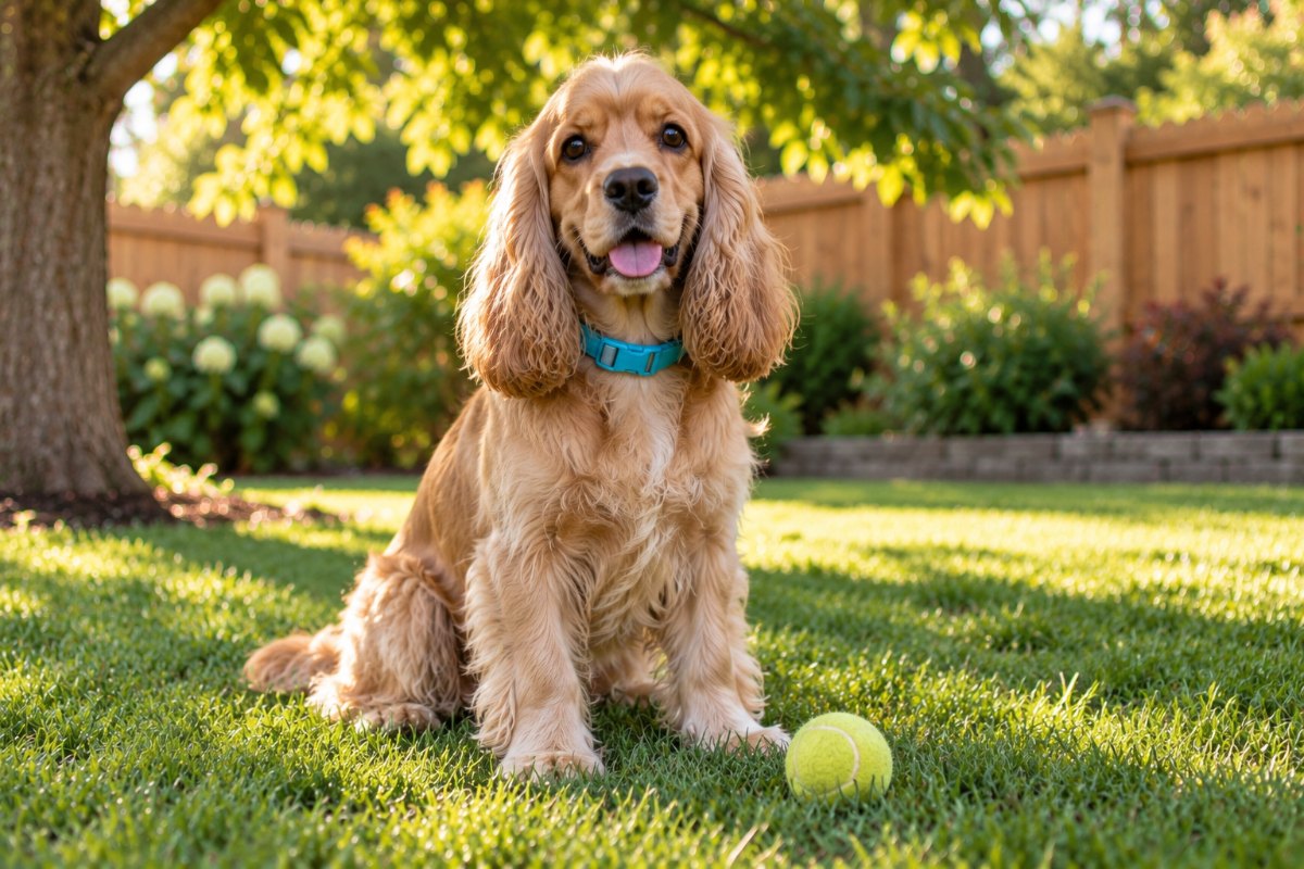 A buff cocker spaniel sitting on a clean lawn under a maple with a tennis ball at its feet.