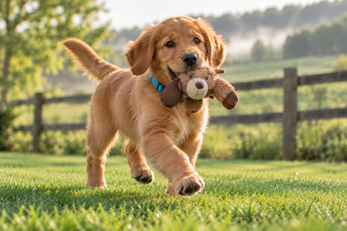 A golden retriever puppy trotting across the grass carrying a plush toy.