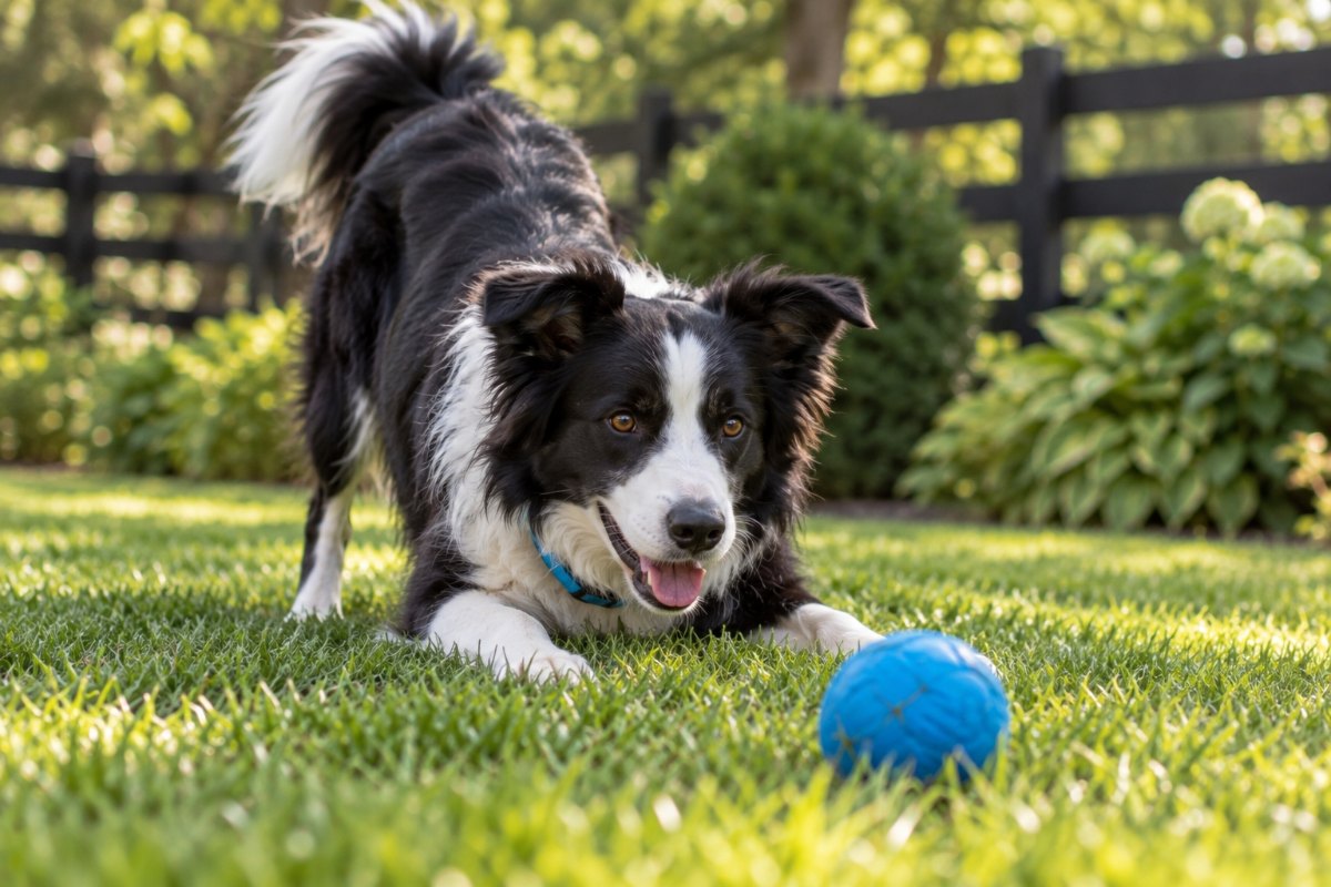 A black-and-white border collie in a play bow on the lawn beside a blue ball.