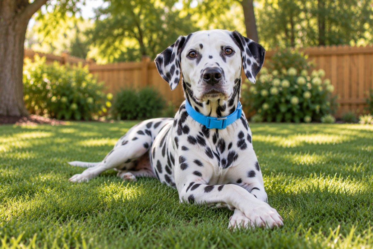 A Dalmatian lying on a clean lawn in dappled shade with its front paws crossed, looking at the camera.