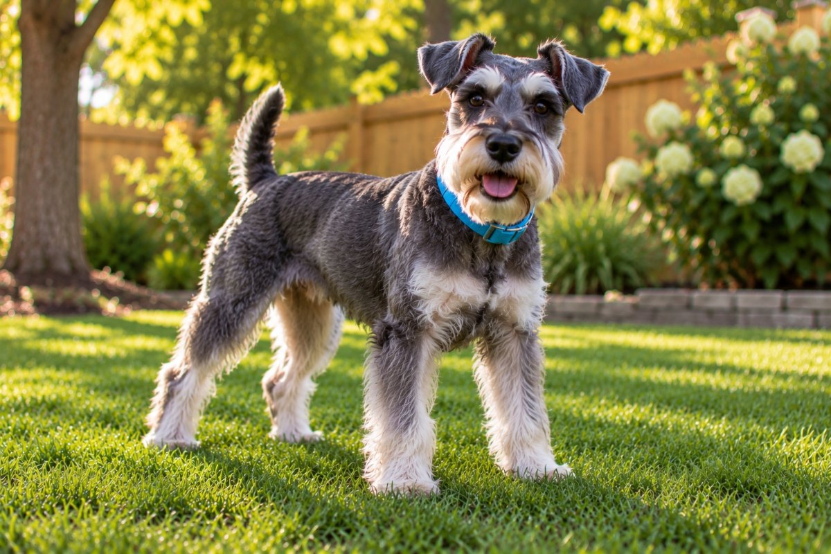 A salt-and-pepper miniature schnauzer standing alert on a clean lawn, tail up, looking at the camera.