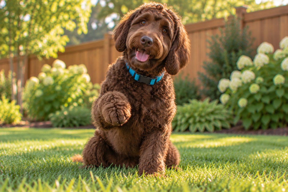 A chocolate labradoodle sitting on the lawn with one front paw raised and its head tilted.