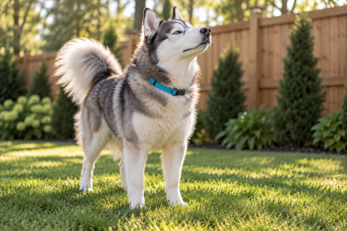 A grey-and-white husky standing on a sunny lawn with its nose lifted into the breeze.