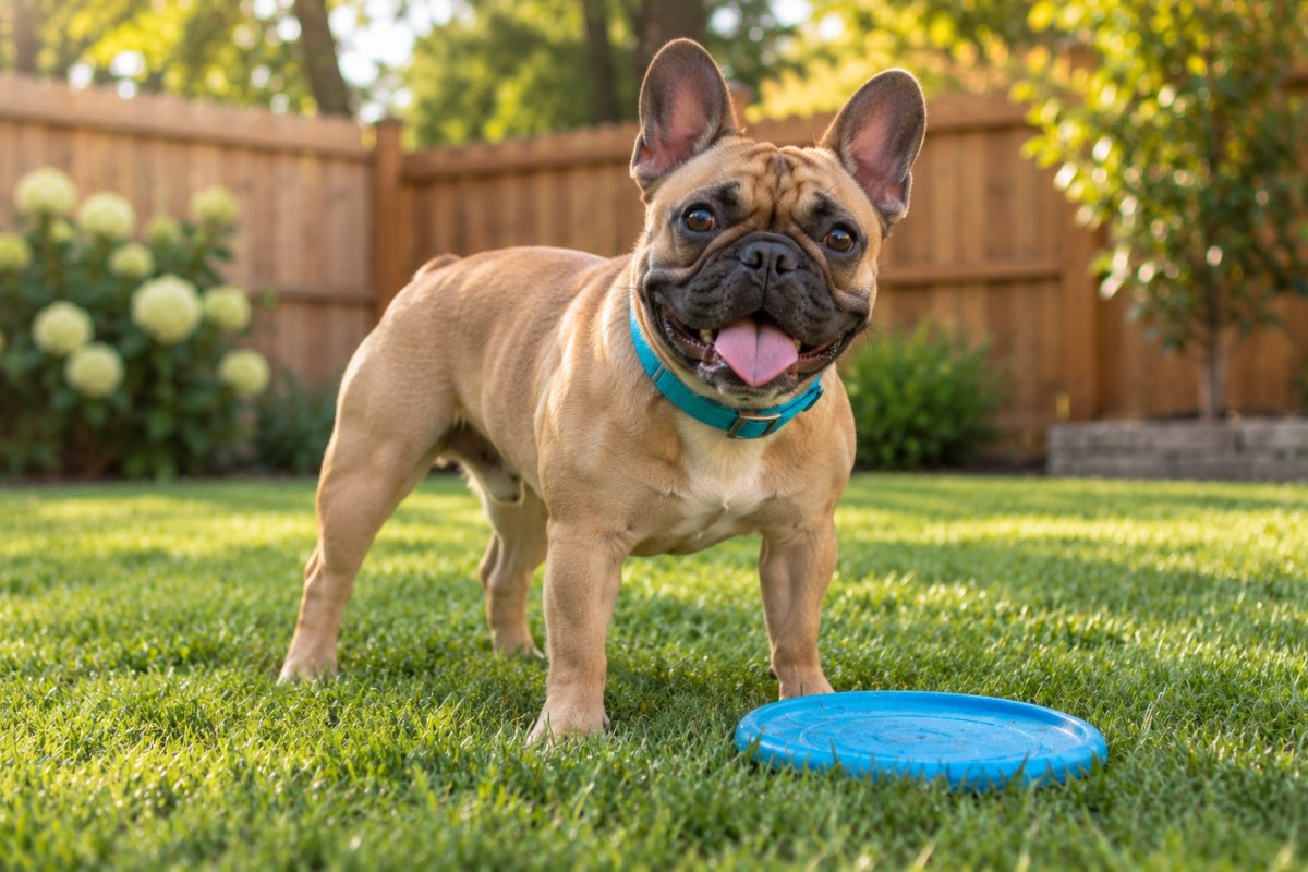 A fawn French bulldog standing on a clean lawn with its ears up and tongue out, a blue flying disc at its feet.