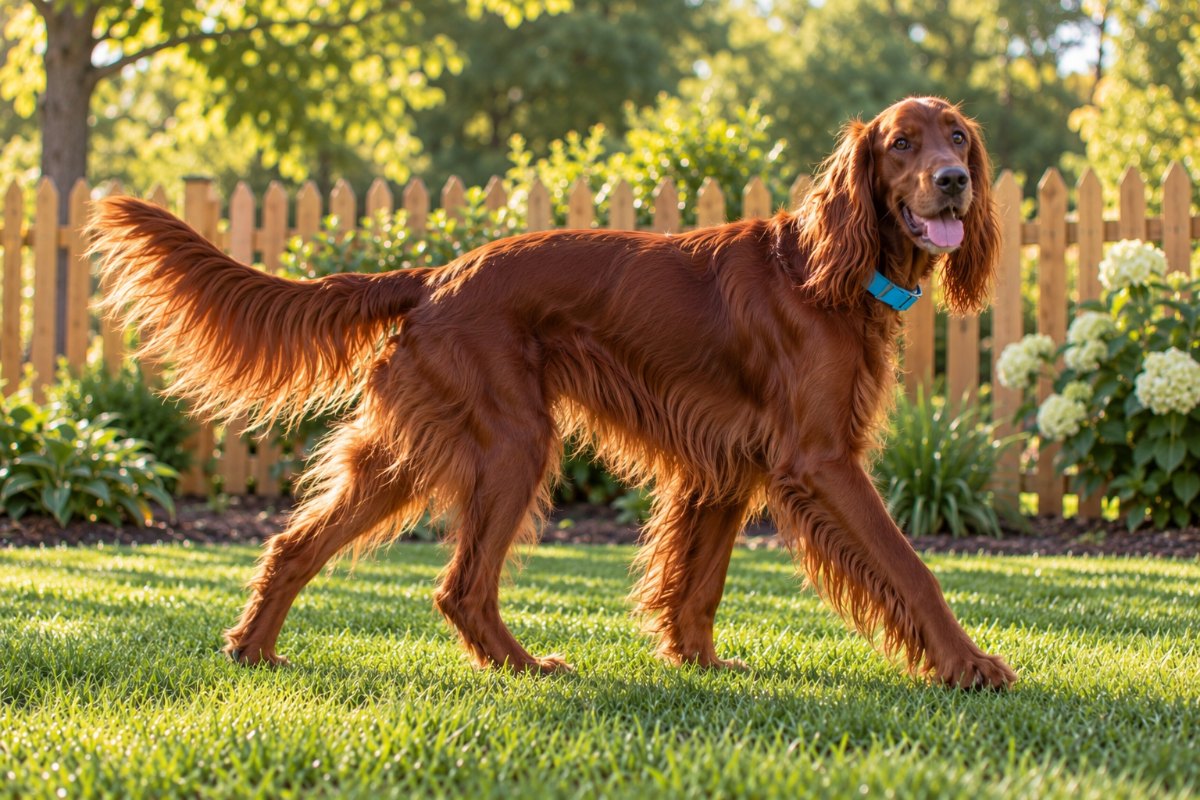 An Irish setter walking across a clean lawn beside a cedar picket fence, feathered tail level.