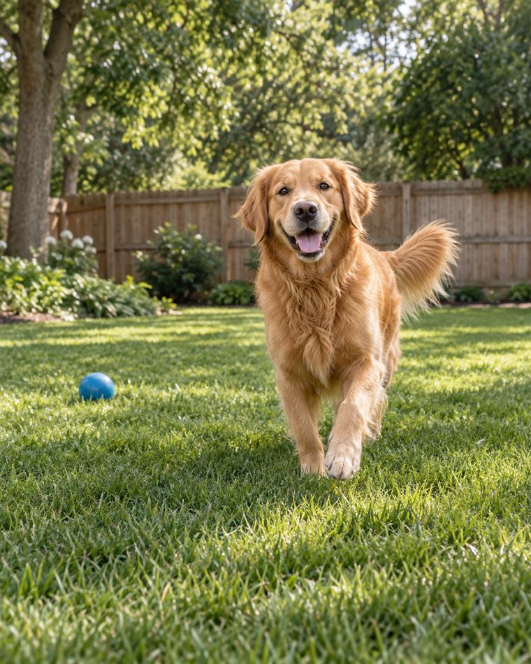 Golden retriever trotting across a sunny back lawn, a blue ball in the grass behind it.