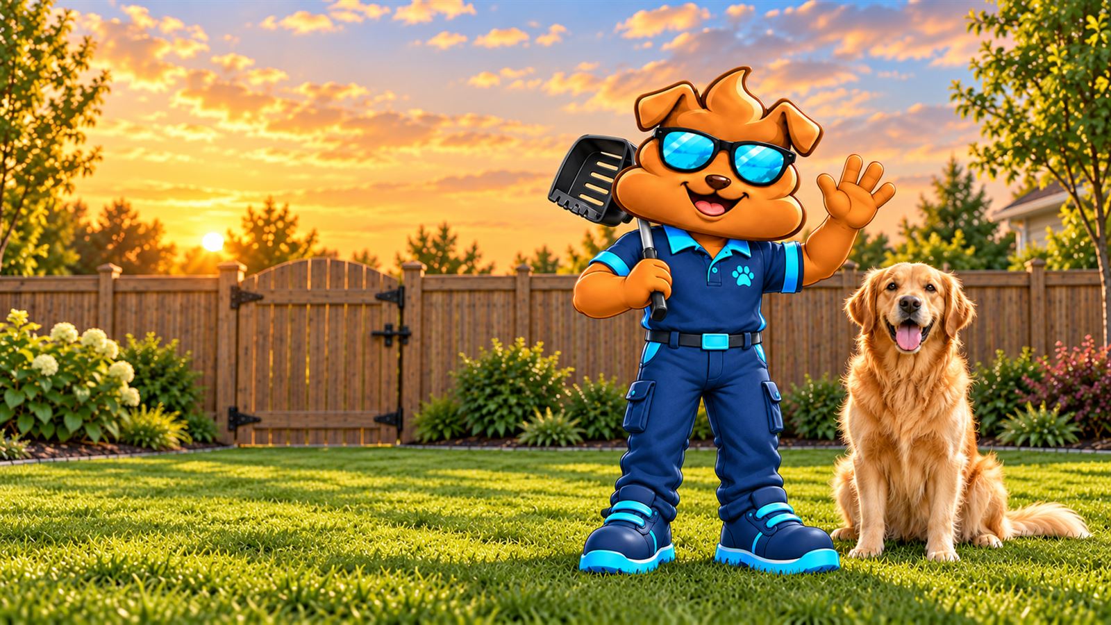 Purge Pros mascot waving goodbye at sunset beside a golden retriever in a fenced yard.