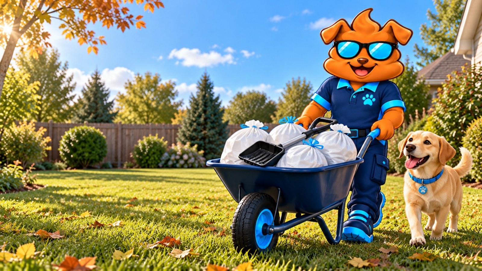 Purge Pros mascot pushing a wheelbarrow of tied white bags and a scooper across a sunny lawn, a yellow Labrador trotting beside him.