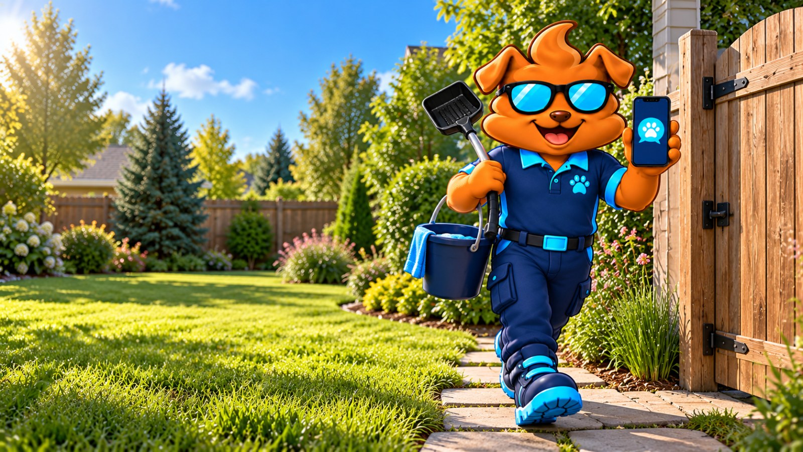 Purge Pros mascot walking up a stone path to a wooden side gate with his scooper and bucket, holding up his phone.