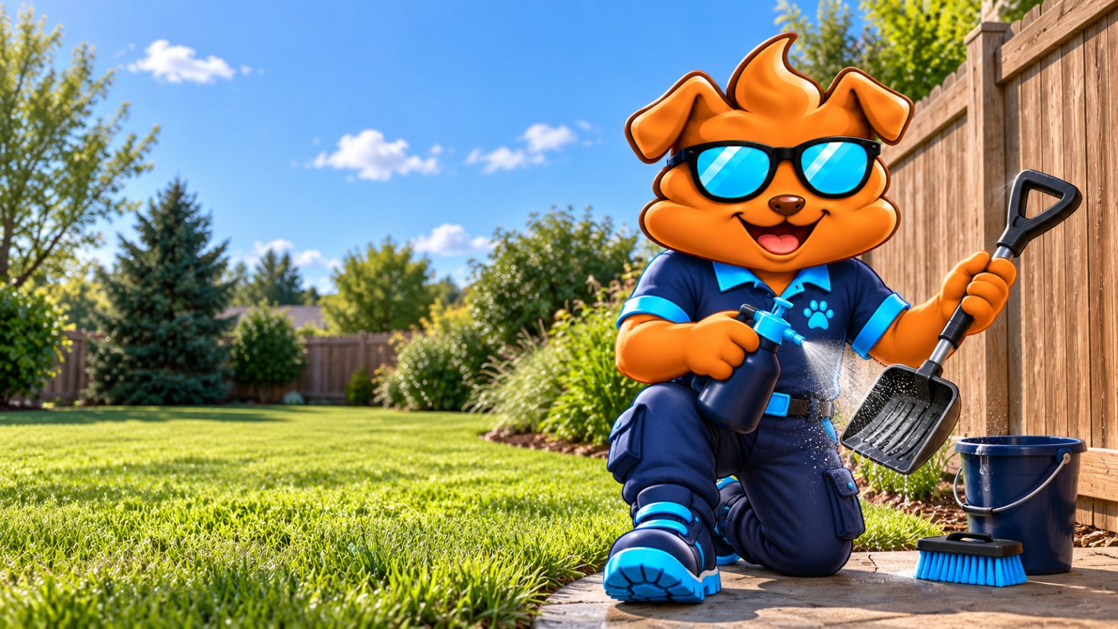 Purge Pros mascot kneeling by a fence, spraying his scooper and boot soles with a pump sprayer, a bucket and brush beside him.