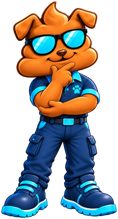 Purge Pros mascot with a hand on his chin, thinking.