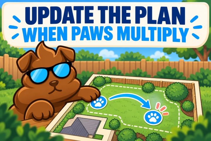Purge Pros mascot leaning over a map of a fenced yard where an arrow runs from one paw print to a second, with the words Update the plan when paws multiply.
