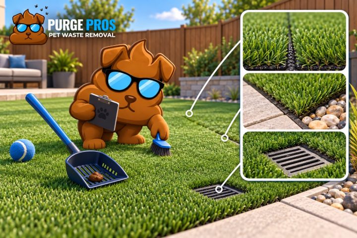 Illustrated Purge Pros mascot inspecting artificial turf with a scoop, brush, seams and a drain detail.