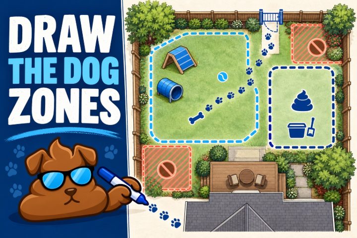 Purge Pros mascot with a marker beside an overhead plan of a back yard, where a play area, a pickup area and two no-go corners are outlined, with the words Draw the dog zones.