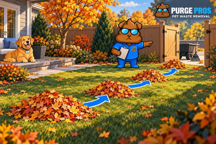 Illustrated autumn backyard with staged leaf piles, blue route arrows, a clear gate, an animated dog, and the Purge Pros mascot.