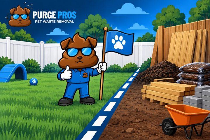 Purge Pros mascot holding a paw-print flag on a lawn, with a dashed line dividing the lawn from lumber, soil, mulch bags and a wheelbarrow.