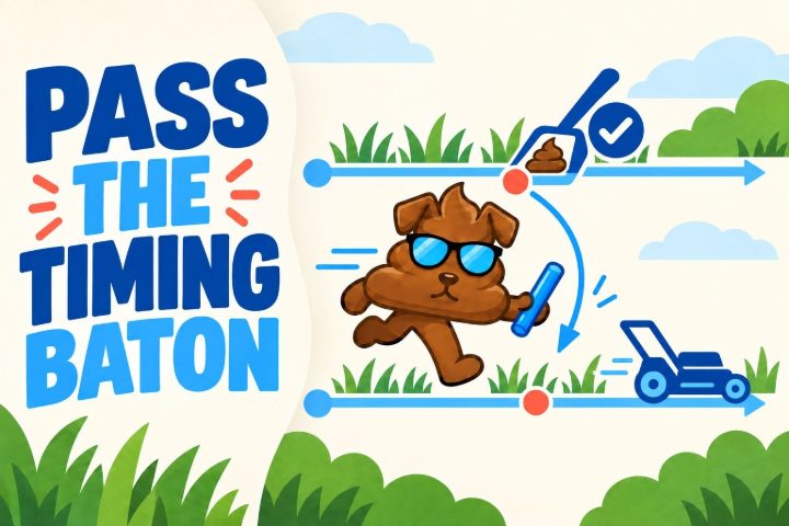 Purge Pros mascot carrying a baton between illustrated cleanup and mowing timelines, with scooping shown before mowing.