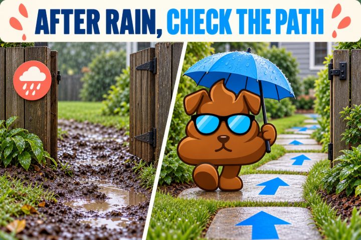 Purge Pros mascot under a blue umbrella compares a muddy gate entrance with a clear path after rain.