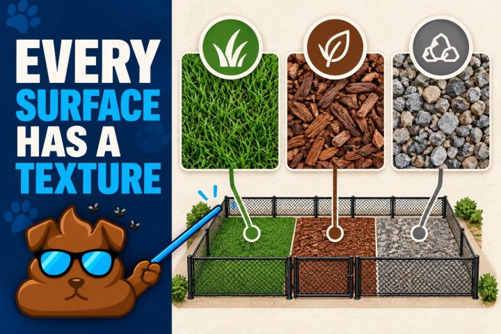 Purge Pros mascot pointing at a fenced dog run divided into grass, mulch and gravel, with the words Every surface has a texture.