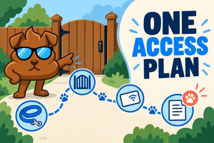 Purge Pros mascot points toward a gate beside leash, access and pet-note icons in an illustrated sitter checklist.