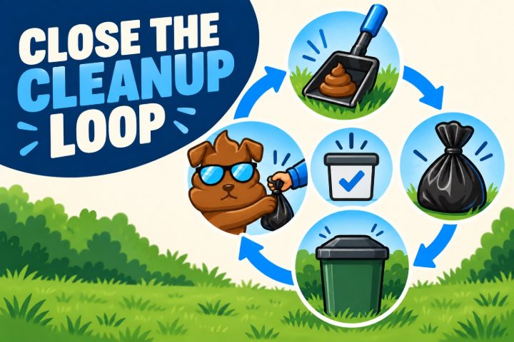 A circle of four pictures: a scoop, a tied bag, an outdoor bin and the Purge Pros mascot handing a bag over, with the words Close the cleanup loop.
