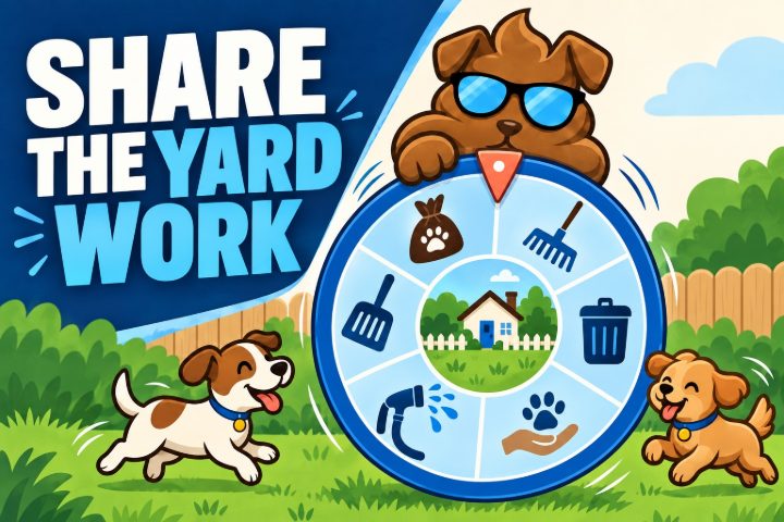 Purge Pros mascot behind a wheel of yard chores around a small house, with two dogs running past and the words Share the yard work.