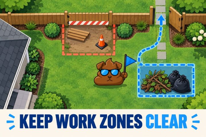 Illustrated yard with a marked fence-repair zone, clear gate route and Purge Pros mascot holding a flag.
