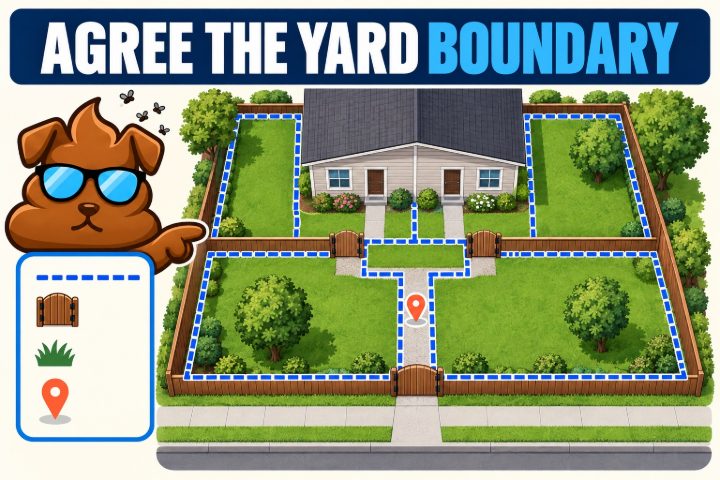 Purge Pros mascot pointing at a drawing of two homes that share a fenced yard, with dotted lines marking each side and the gates.