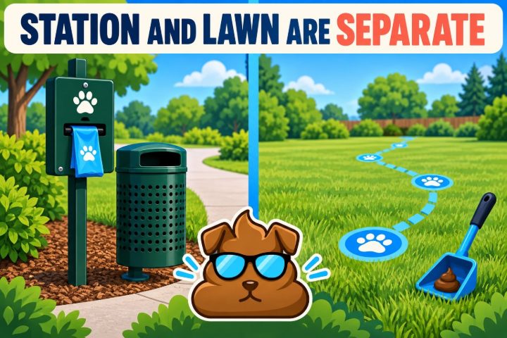 Illustrated waste-bag station beside a separate lawn pickup route, with the Purge Pros mascot and scoop.