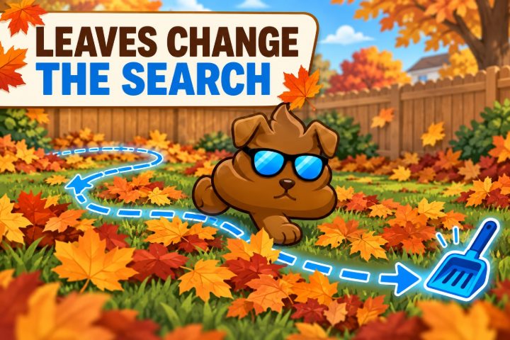 Purge Pros mascot searches a leaf-covered autumn lawn along an illustrated blue pickup route.