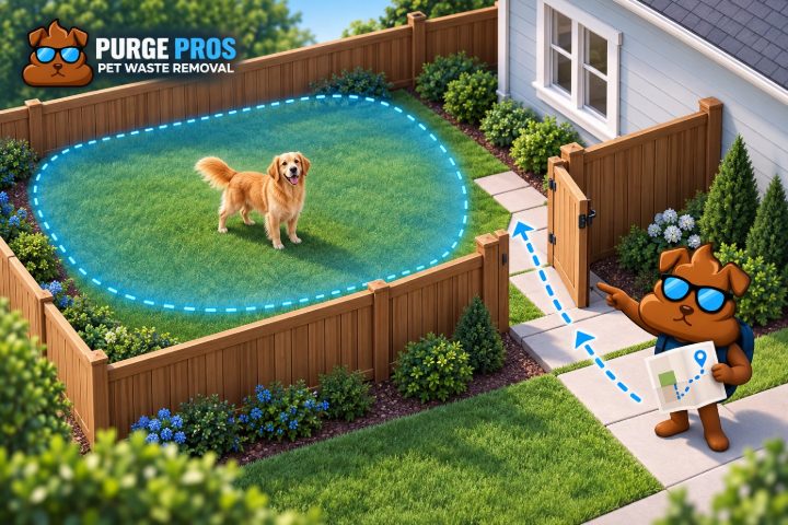 Illustrated Purge Pros mascot points from a physical gate toward a dog zone marked by a subtle blue boundary.