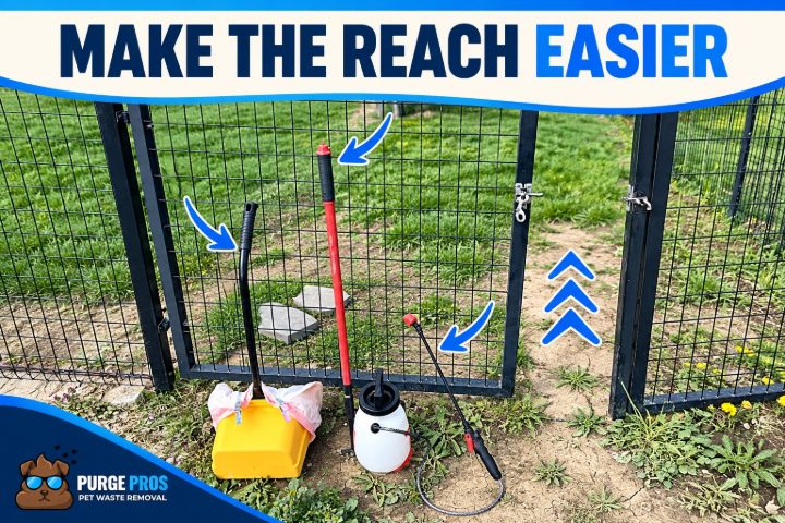 Photo of cleanup tools standing against a wire gate: a long-handled scoop and bin, a rake and a sprayer, with arrows pointing to the long handles, under the words Make the reach easier.