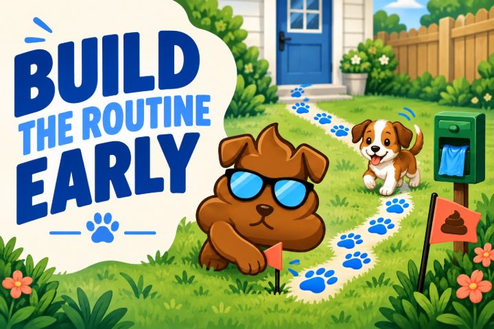 Purge Pros mascot planting a small flag on the lawn as a puppy follows a trail of paw prints from the back door, with the words Build the routine early.