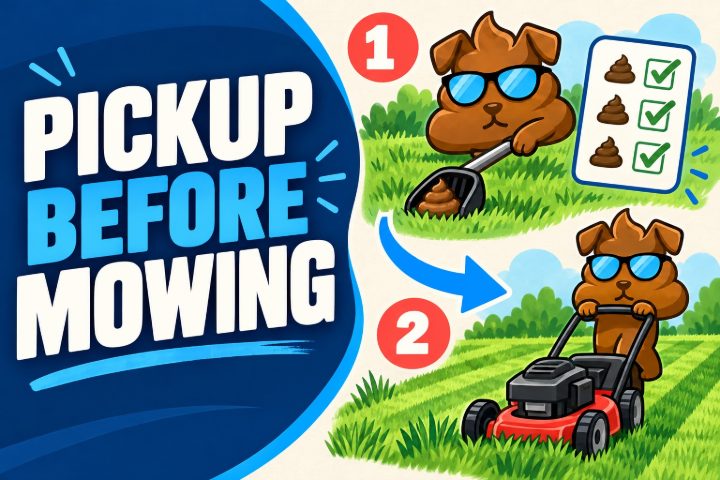 Two numbered drawings of the Purge Pros mascot, first scooping the lawn, then pushing a mower, with the words Pickup before mowing.