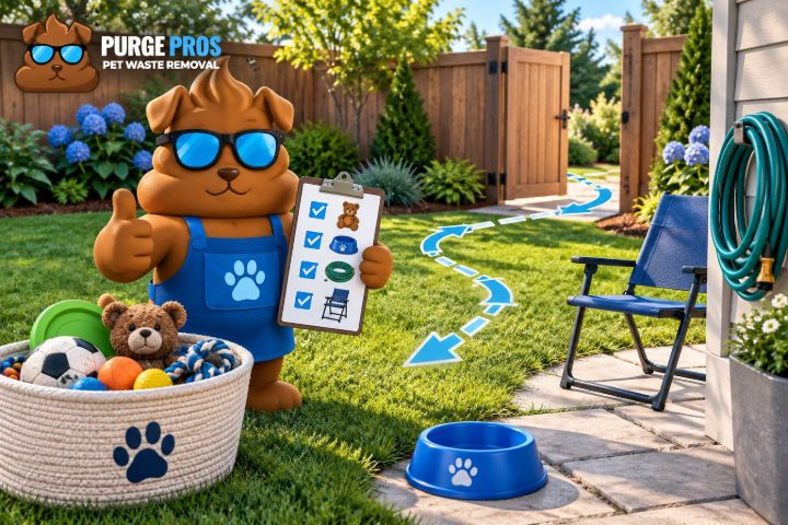 Illustrated Purge Pros mascot holding a checklist beside a toy basket, coiled hose, bowl and clear yard path.